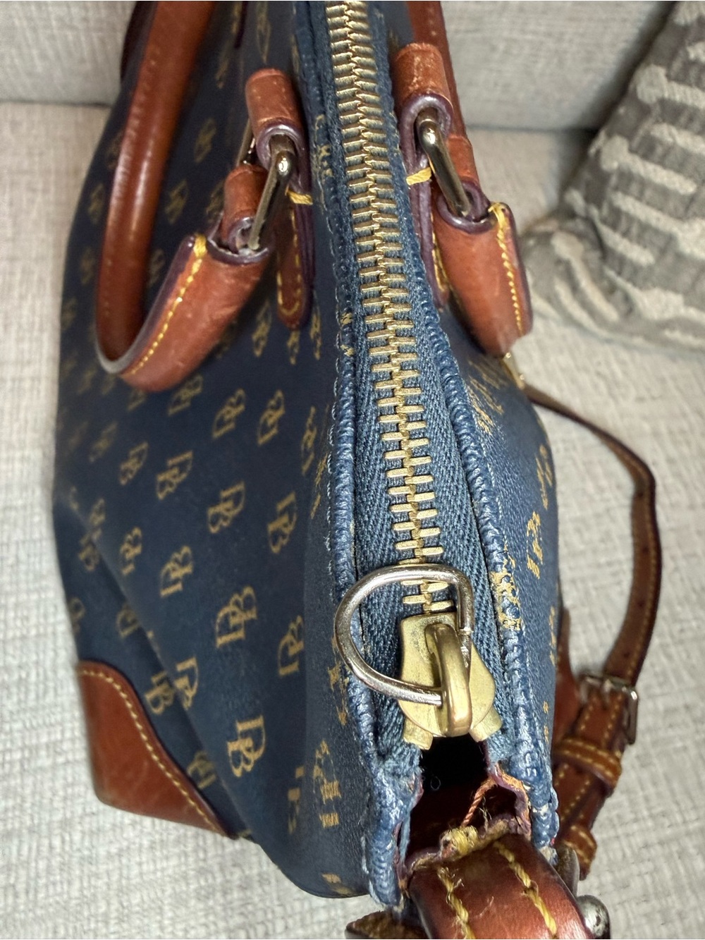 Dooney & Bourke Navy and Brown Signature Gretta Satchel with Leather Trim - Picture 9 of 14